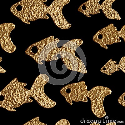 Gold fishes seamless pattern. Hand painted sea background. Abstract marine texture. Stock Photo