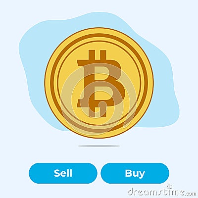 Gold flat coin virtual crypto currency bitcoin with two buttons Buy or sell. Banner template Vector Illustration