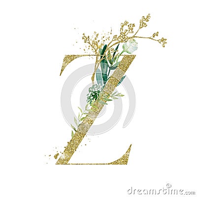 Gold Floral Alphabet - letter Z with botanic branch bouquet composition. Unique collection for wedding invites decoration & other Stock Photo