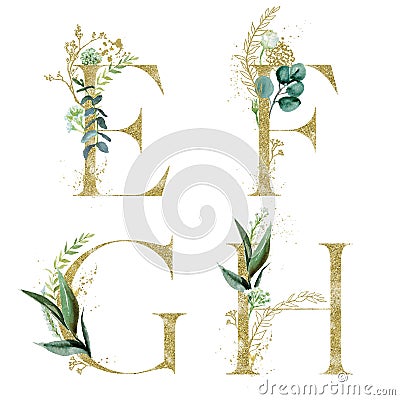 Gold Floral Alphabet Set - letters E, F, G, H with green botanic branch bouquet composition. Unique collection for wedding invites Stock Photo