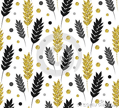 Gold floral background. Vector glitter seamless pattern with lea Vector Illustration