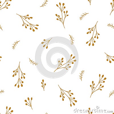 Gold floral Chrisrmas pattern. Gold berry background. Golden textured print fir branches, winter berries. Winter holiday Cartoon Illustration