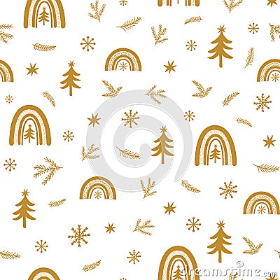 Gold floral Chrisrmas pattern. Gold forest, Christmas rainbow, tree background. Golden winter forest texture Cartoon Illustration