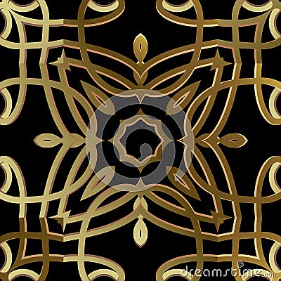 Gold floral 3d calligraphic line art seamless pattern. Black ornamental swirls vector background. Repeat backdrop Vector Illustration