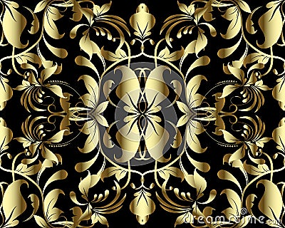 Gold floral 3d Damask vector seamless pattern. Vintage ornamental black ornate background. Decorative patterned design. Hand draw Vector Illustration