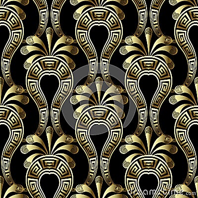 Gold floral 3d gree vector seamless pattern. Ethnic style arabesque background with Paisley flowers. Greek key meanders vintage Vector Illustration