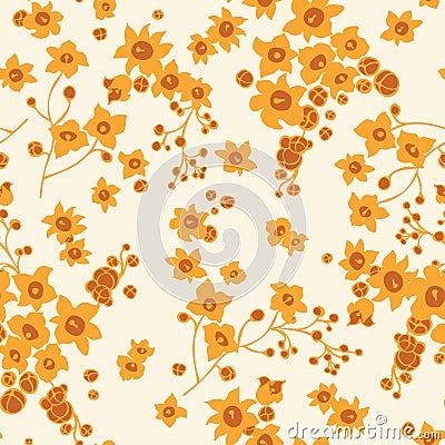 Gold floral ditsy seamless vector texture pattern on cream background for fabric, fashion print, wallpaper, scrapbooking Vector Illustration