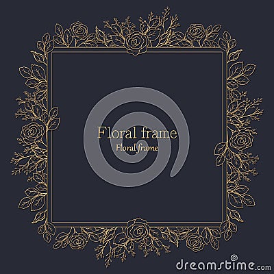 Gold floral frame with roses, gold design with flowers. Vector Illustration