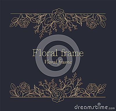 Gold floral frame with roses, gold design with flowers. Vector Illustration