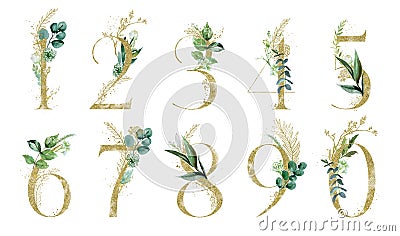 Gold Floral Number Set - digits 1, 2, 3, 4, 5, 6, 7, 8, 9, 0 with green botanic branch bouquet composition. Unique collection for Stock Photo