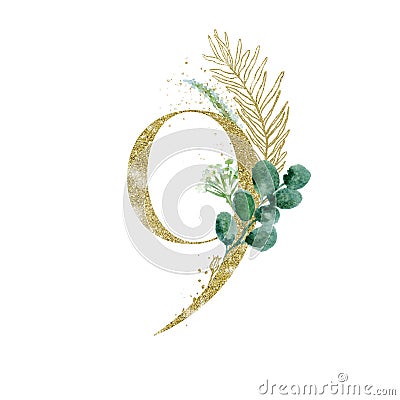 Gold Floral Numbers - digit 9 with green botanic branch bouquet composition. Unique collection for wedding invites decoration, Stock Photo