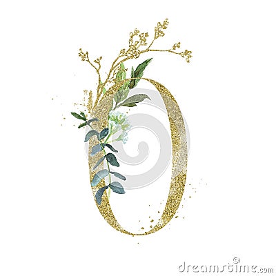 Gold Floral Numbers - digit 0 with green botanic branch bouquet composition. Unique collection for wedding invites decoration, Stock Photo