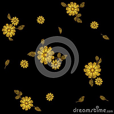 Gold flower embroidery seamless pattern. Fashion decoration stitched texture template. Ethnic traditional daisy field Vector Illustration