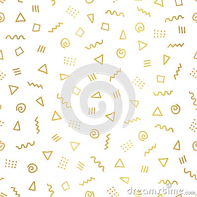 Gold foil abstract doodle shapes seamless vector background. Shiny metallic golden triangles, twirls, squares, dots on white. Vector Illustration