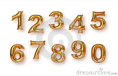Gold foil balloon number isolated background set Vector Illustration