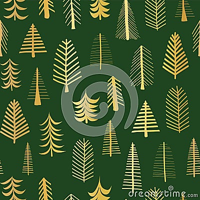 Gold foil doodle Christmas trees seamless vector pattern backdrop. Metallic shiny golden trees on green background. Elegant design Vector Illustration