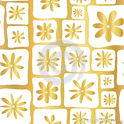 Gold foil doodle flowers seamless vector pattern. Hand drawn white square shapes with flowers on golden background. Elegant design Vector Illustration