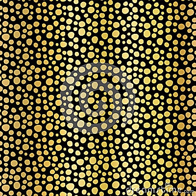 Gold foil dots seamless vector pattern background. Shiny metallic golden irregular circle shapes on black backdrop. Elegant design Vector Illustration