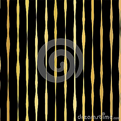 Gold foil hand drawn vertical lines seamless vector pattern. Golden wavy irregular stripes on black background. For Christmas, New Vector Illustration