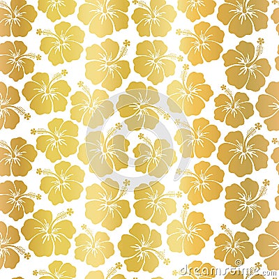 Gold foil Hibiscus flowers on white background seamless vector pattern. Metallic foil. Floral feminine backdrop. For summer, Vector Illustration