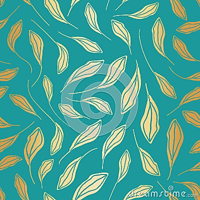 Gold foil leaves seamless vector pattern background. Modern stylish hand drawn foliage metallic backdrop. Elegant teal Vector Illustration