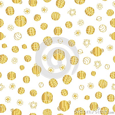 Gold foil space planets seamless vector pattern background. Golden hand drawn cosmic elements, planets, stars on white backdrop. Vector Illustration