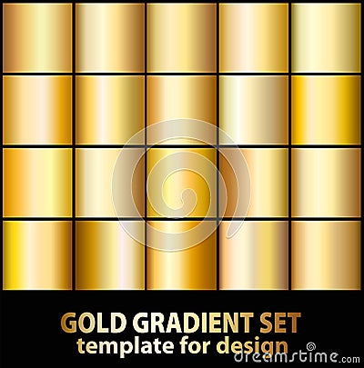 Gold foil texture background set. Realistic golden, copper vector elegant, brass and metal gradient template for gold Vector Illustration