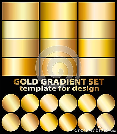 Gold foil texture background set. Realistic golden, copper vector elegant, brass and metal gradient template for gold Vector Illustration