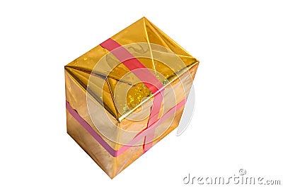 Gold foil wrapped gift box with red ribbon isolated on white Stock Photo