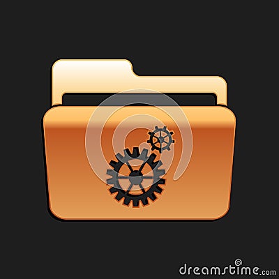 Gold Folder settings with gears icon isolated on black background. Concept of software update, transfer protocol, router Vector Illustration