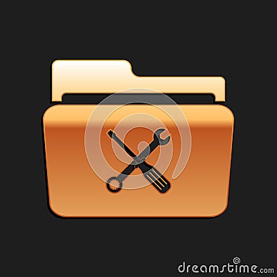 Gold Folder and tools or settings icon isolated on black background. Folder with wrench and screwdriver sign. Computer Vector Illustration