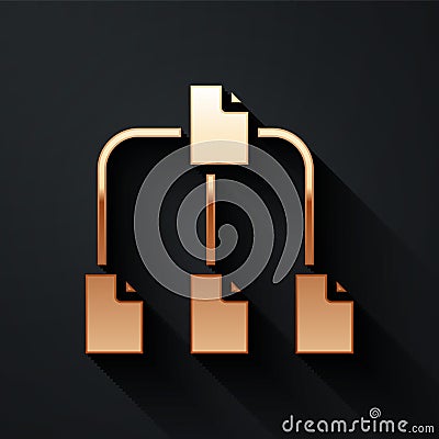 Gold Folder tree icon isolated on black background. Computer network file folder organization structure flowchart. Long Stock Photo