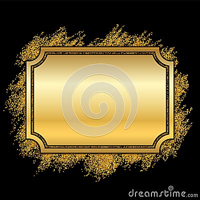 Gold frame. Beautiful golden glitter design. Vintage style decorative border, isolated black background. Deco elegant Vector Illustration