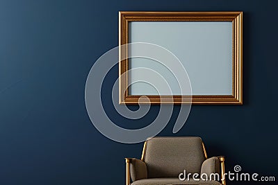 gold frame on a dark blue wall, midcentury armchair below Stock Photo