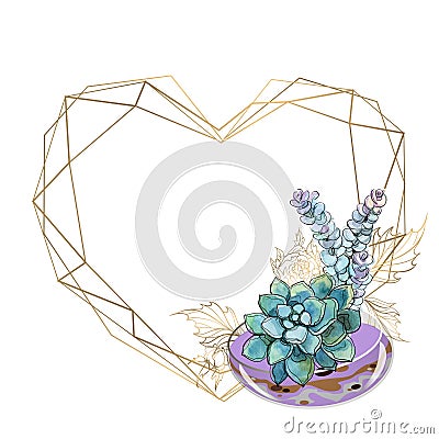 Gold frame in the form of a heart with a bouquet of succulents. Vector Illustration