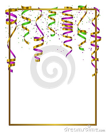 Gold frame with green, yellow and violet serpentine, ribbon and dust confetti isolated on white black background Vector Illustration