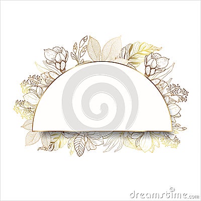 Gold frame. Half circle. 3D paper cut. Leaves and flowers from golden threads. White background. Original frame with Vector Illustration