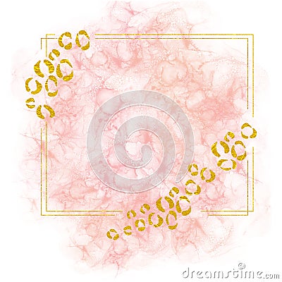 Gold frame with leopard print on pink background with alcohol ink. Stock Photo