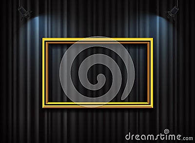 Gold frame with spotlight on curtain background vector Vector Illustration