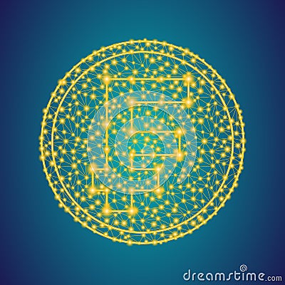 Gold franc money icon sign on polygonal low poly plexus line and dots coin background Vector Illustration