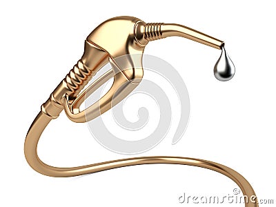 Gold fuel pump nozzle with drop oil. Cartoon Illustration