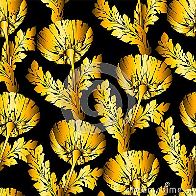 Gold garden flowers on black. Seamless, hand-painted, soft gradient pattern. Vector background Vector Illustration