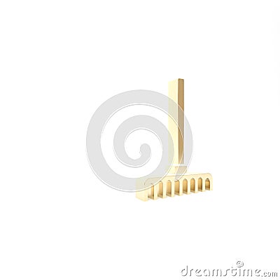 Gold Garden rake icon isolated on white background. Tool for horticulture, agriculture, farming. Ground cultivator. 3d Cartoon Illustration