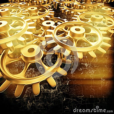 Gold gears and cogs macro Stock Photo