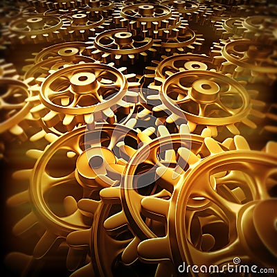 Gold gears and cogs macro Stock Photo