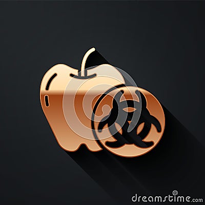 Gold Genetically modified apple icon isolated on black background. GMO fruit. Long shadow style. Vector Vector Illustration