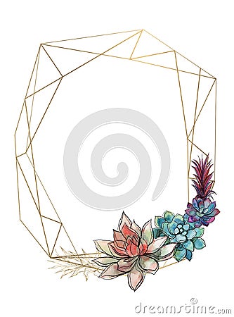 Gold geometric frame with succulents. Invitation. Vector.Watercolor. Graphics. Vector Illustration