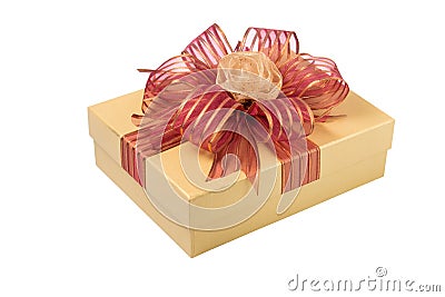Gold Gift Box with Rose Ribbon and Red Ribbon isolated on white Stock Photo