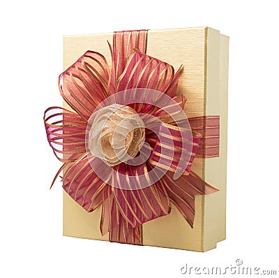 Gold Gift Box with Rose Ribbon and Red Ribbon isolated on white Stock Photo