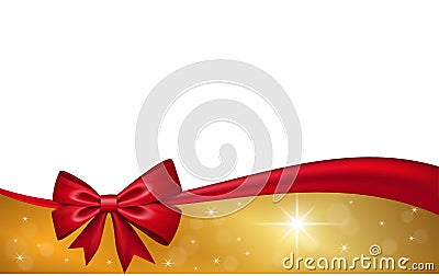 Gold gift card with red ribbon bow, isolated on white background. Decoration stars design for Christmas holiday Vector Illustration